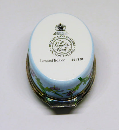 HALCYON DAYS ENAMEL BOX - ACTRESS SARAH BERNHARDT -IRISES- ALPHONSE MUCHA POSTER