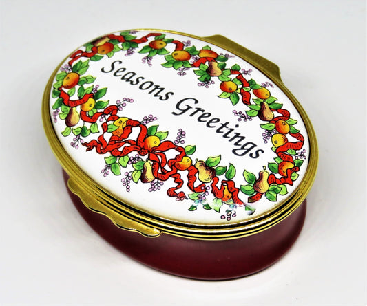 HALCYON DAYS ENAMEL BOX - "SEASONS GREETINGS" - CHRISTMAS WREATH - MISTLETOE