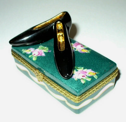 LIMOGES FRANCE BOX ~ ROCHARD ~ FLORAL SHOE BOX & BLACK HEELS ~ SHOES ~ ROSES