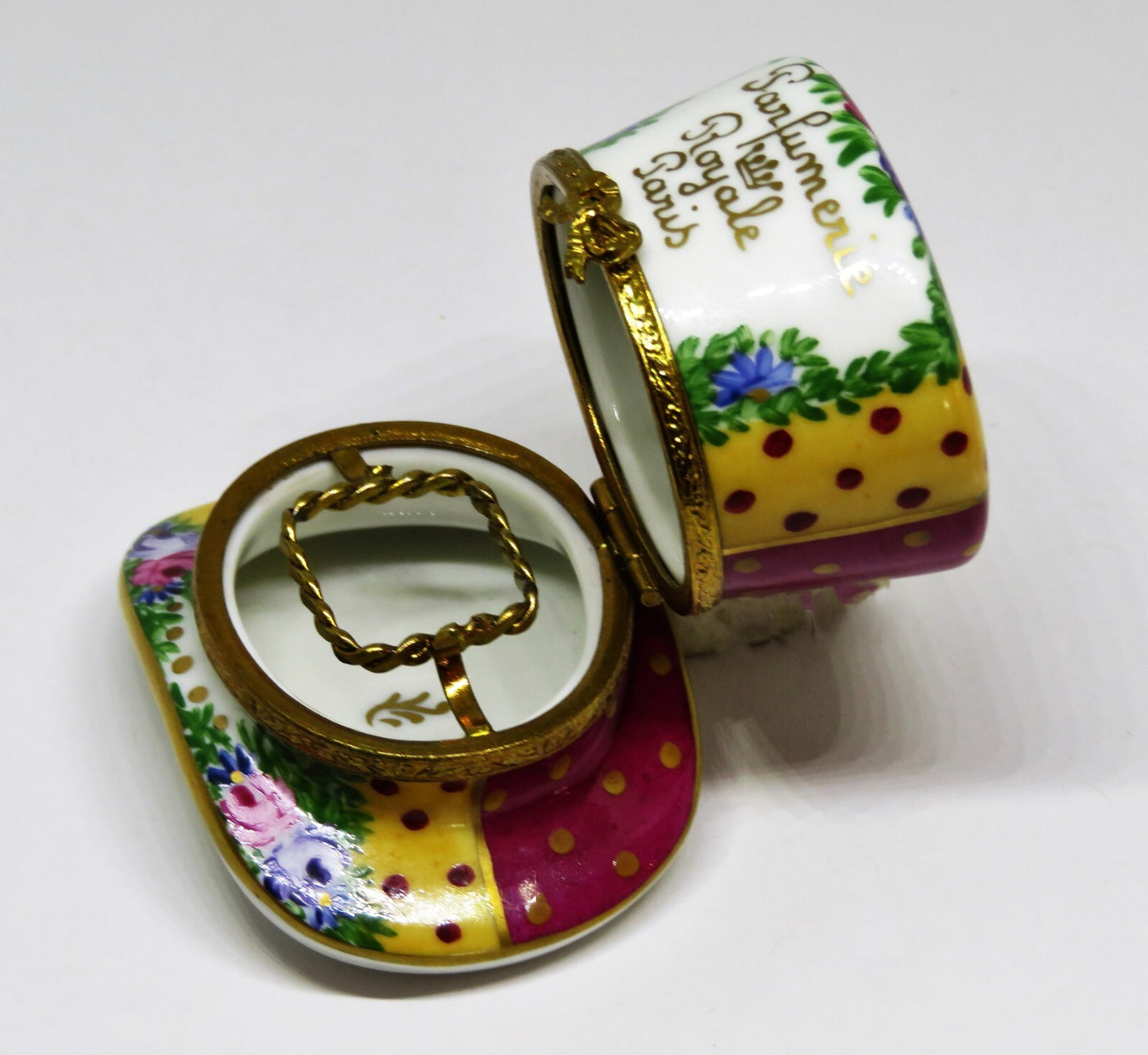 LIMOGES FRANCE BOX - PARIS PARFUMERIE HAT & PERFUME BOTTLE - FLOWERS - ROSES