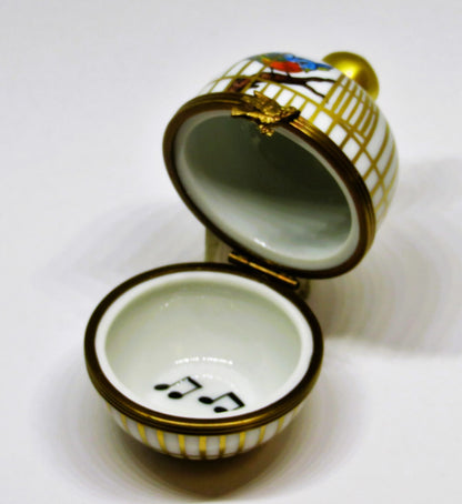 LIMOGES FRANCE BOX ~ EXIMIOUS ~ SONG BIRDS IN A ROUND CAGE ~ MUSICAL NOTES