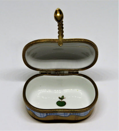 LIMOGES BOX - 'WICKER' PICNIC BASKET & SPOON CLASP - WINE, CHEESE & FRUIT