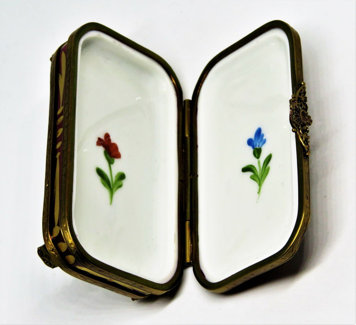 LIMOGES FRANCE BOX - EXIMIOUS - CLASSIC BURGUNDY FLORAL & METAL STAND - FLOWERS