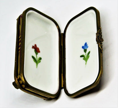 LIMOGES FRANCE BOX - EXIMIOUS - CLASSIC BURGUNDY FLORAL & METAL STAND - FLOWERS