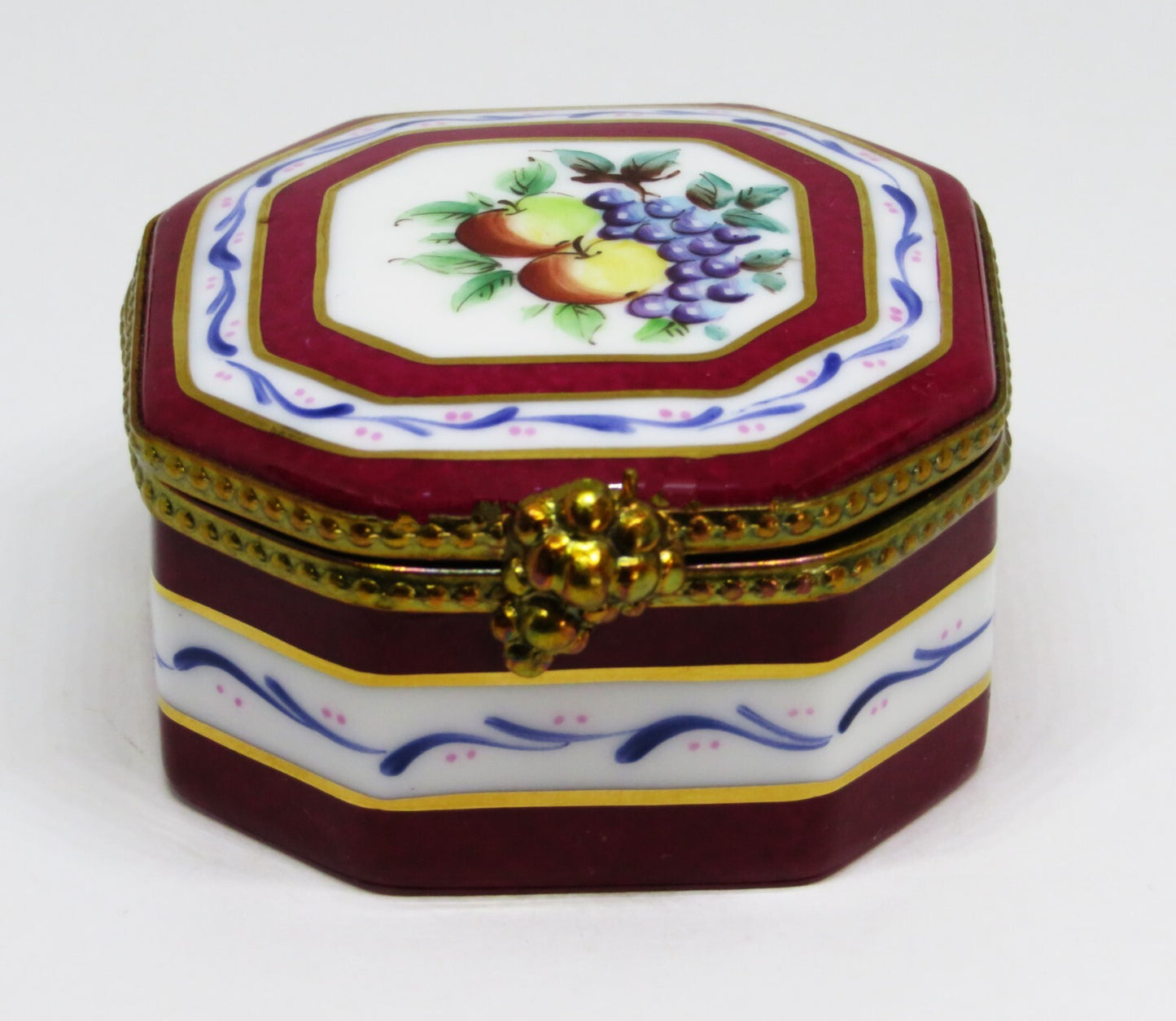 LIMOGES FRANCE BOX ~ BURGUNDY & WHITE OCTAGON - FRUITS - APPLES & GRAPES