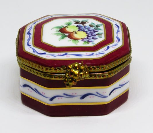 LIMOGES FRANCE BOX ~ BURGUNDY & WHITE OCTAGON - FRUITS - APPLES & GRAPES