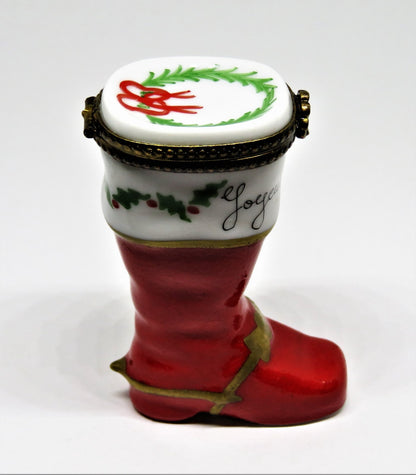 LIMOGES FRANCE BOX -CHRISTMAS- SANTA CLAUS BOOT - HOLLY & WREATH & "JOYEUX NOEL"
