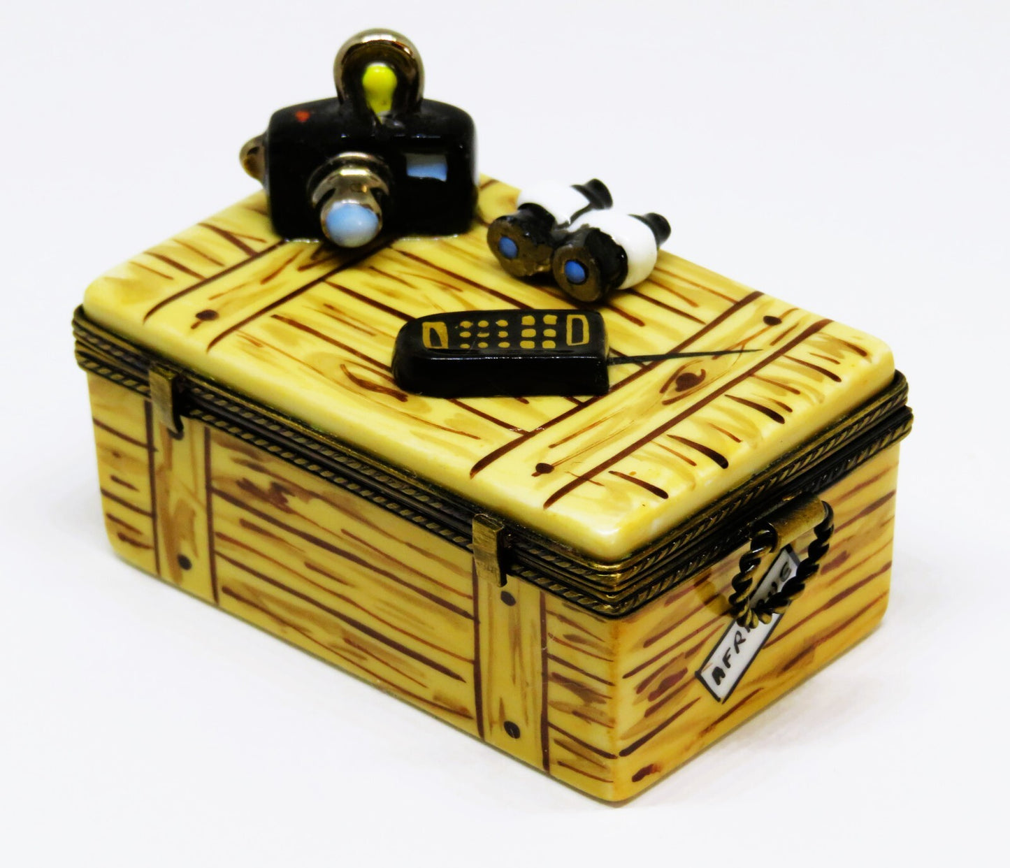 LIMOGES BOX - EXIMIOUS - AFRICAN SAFARI TRAVEL TRUNK - CAMERA & MAP & BINOCULARS