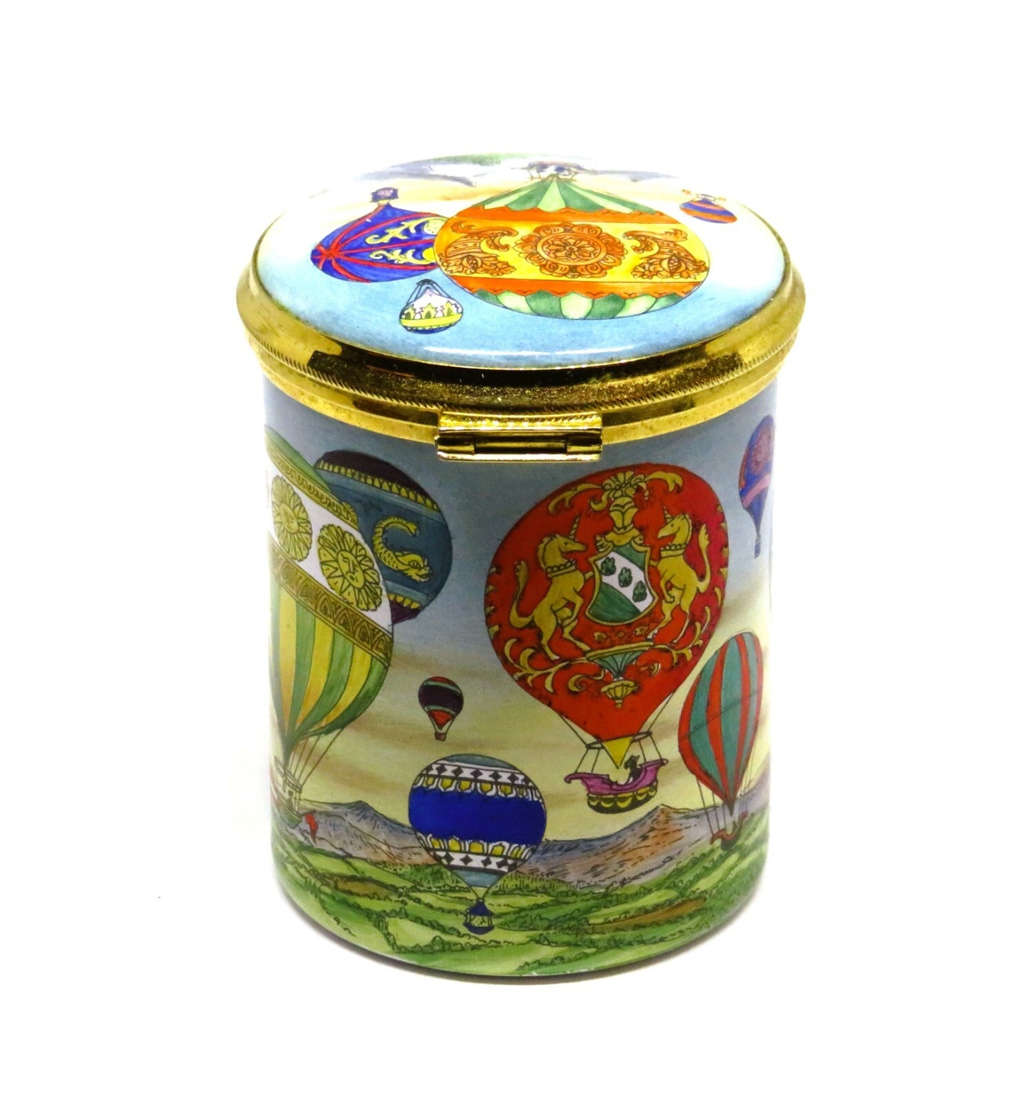 STAFFORDSHIRE ENGLISH ENAMELS STAMP BOX - HOT AIR BALLOONS - AVIATION