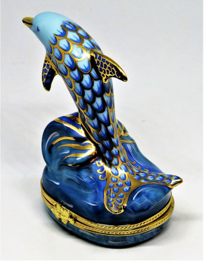 LIMOGES FRANCE BOX - FISHNET DOLPHIN RIDING A WAVE - FISH NET STYLE - MIB