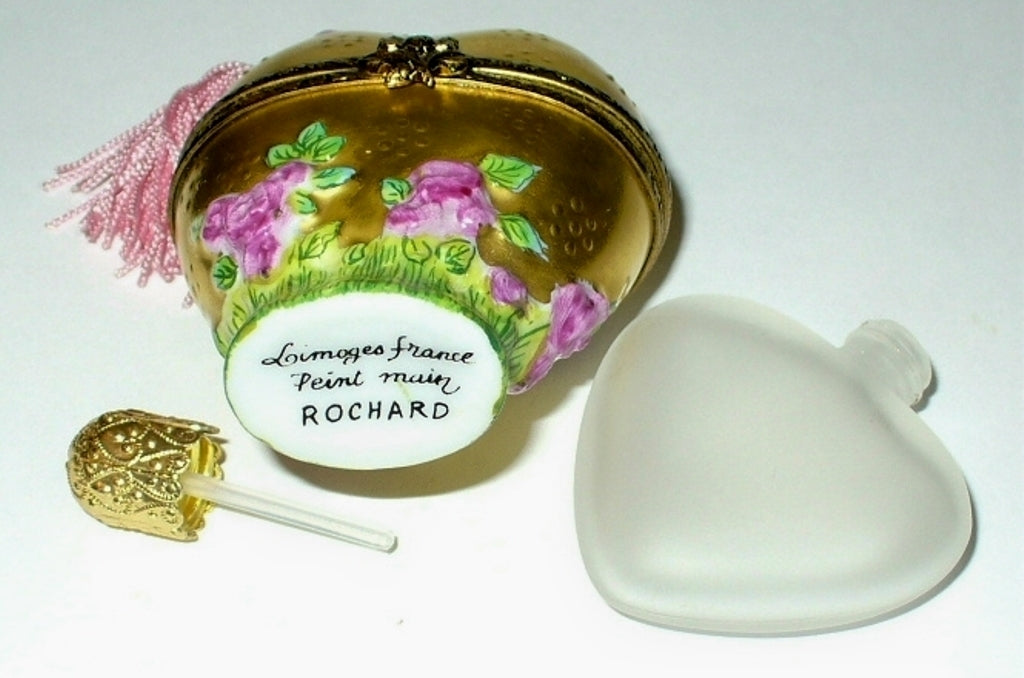 LIMOGES BOX - ROCHARD - GOLD FLORAL HEART & PERFUME BOTTLE - PINK ROSES & TASSEL