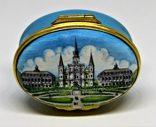 HALCYON DAYS ENAMEL BOX - VIEW OF JACKSON SQUARE 1885 - NEW ORLEANS LANDMARK