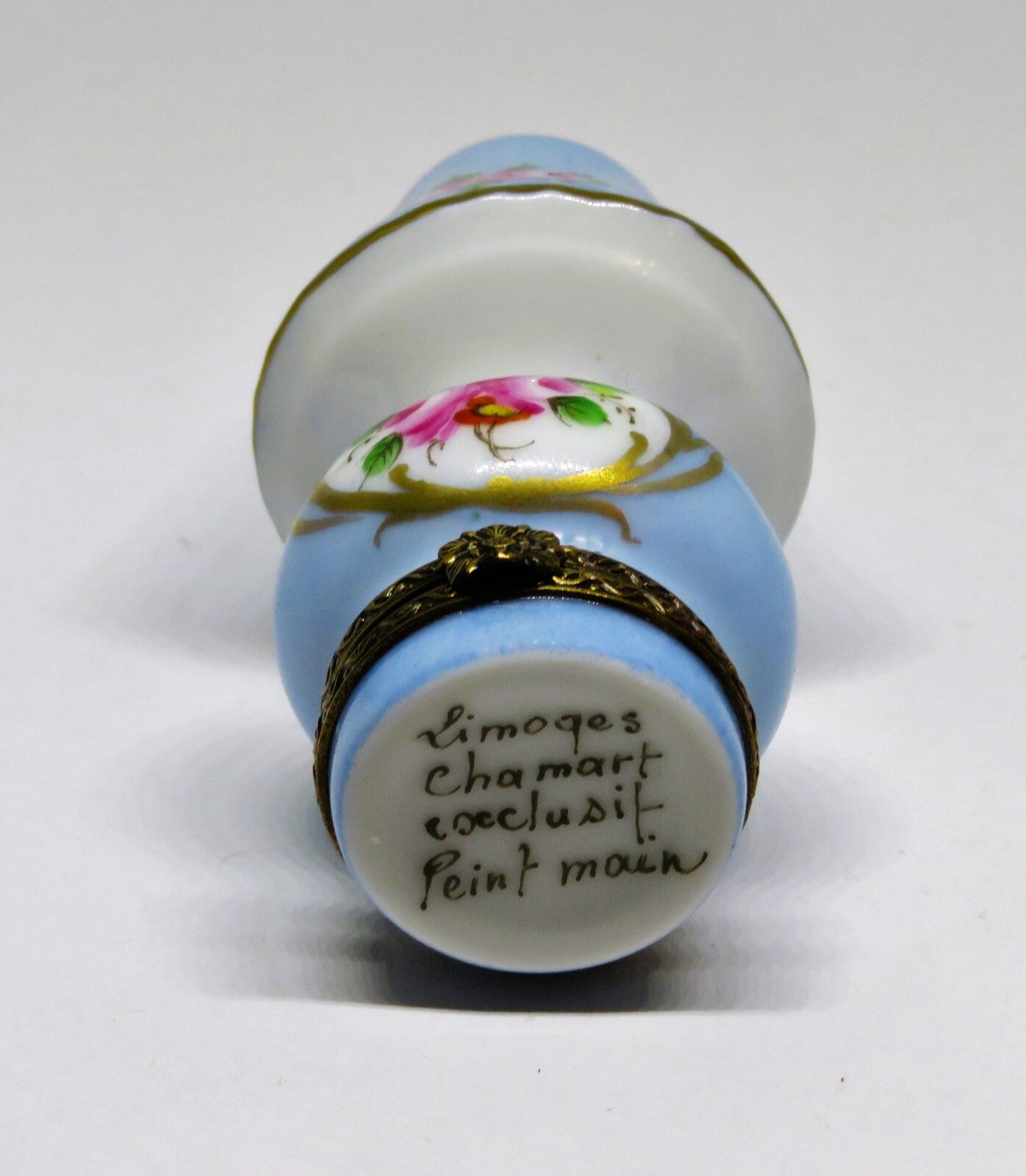 LIMOGES FRANCE BOX - CHAMART - BLUE FLORAL TABLE LAMP - PINK ROSES