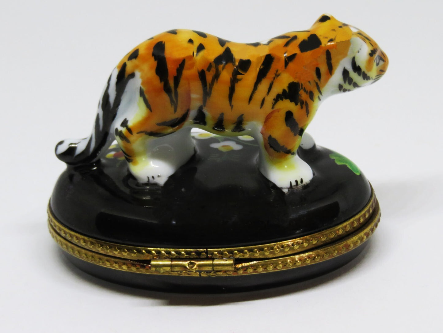 LIMOGES FRANCE BOX - TIGER ON A FLORAL BASE - WILD CATS - FLOWERS