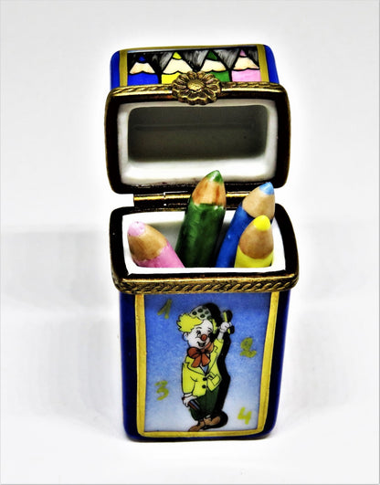 LIMOGES BOX OF CRAYONS -GR- 4 REMOVABLE COLORED PENCILS -SCHOOL- CLOWN & FLOWERS