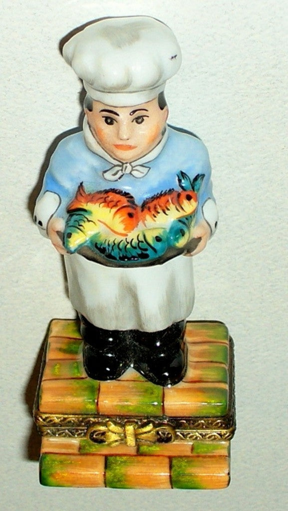 LIMOGES BOX -ELDA- FRENCH CHEF WITH A PLATTER OF FISH - GUY BUFFET STYLE