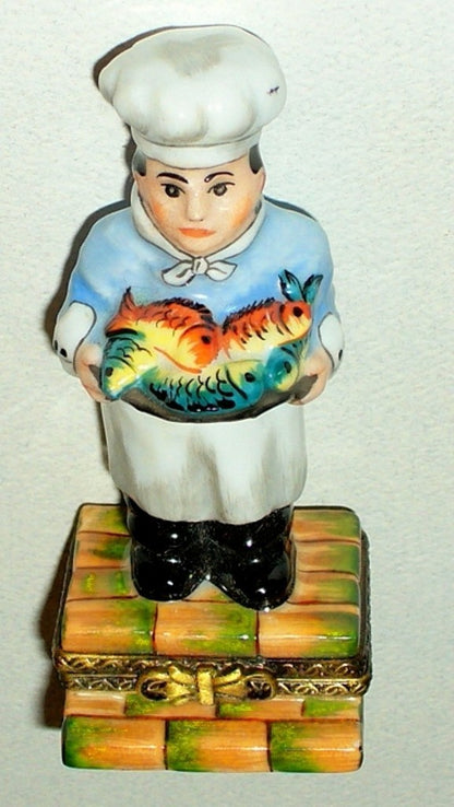 LIMOGES BOX -ELDA- FRENCH CHEF WITH A PLATTER OF FISH - GUY BUFFET STYLE