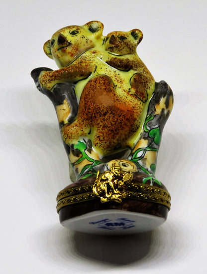 LIMOGES FRANCE BOX- RMC - MOTHER KOALA & BABY ON TREE STUMPS - EUCALYPTUS LEAVES