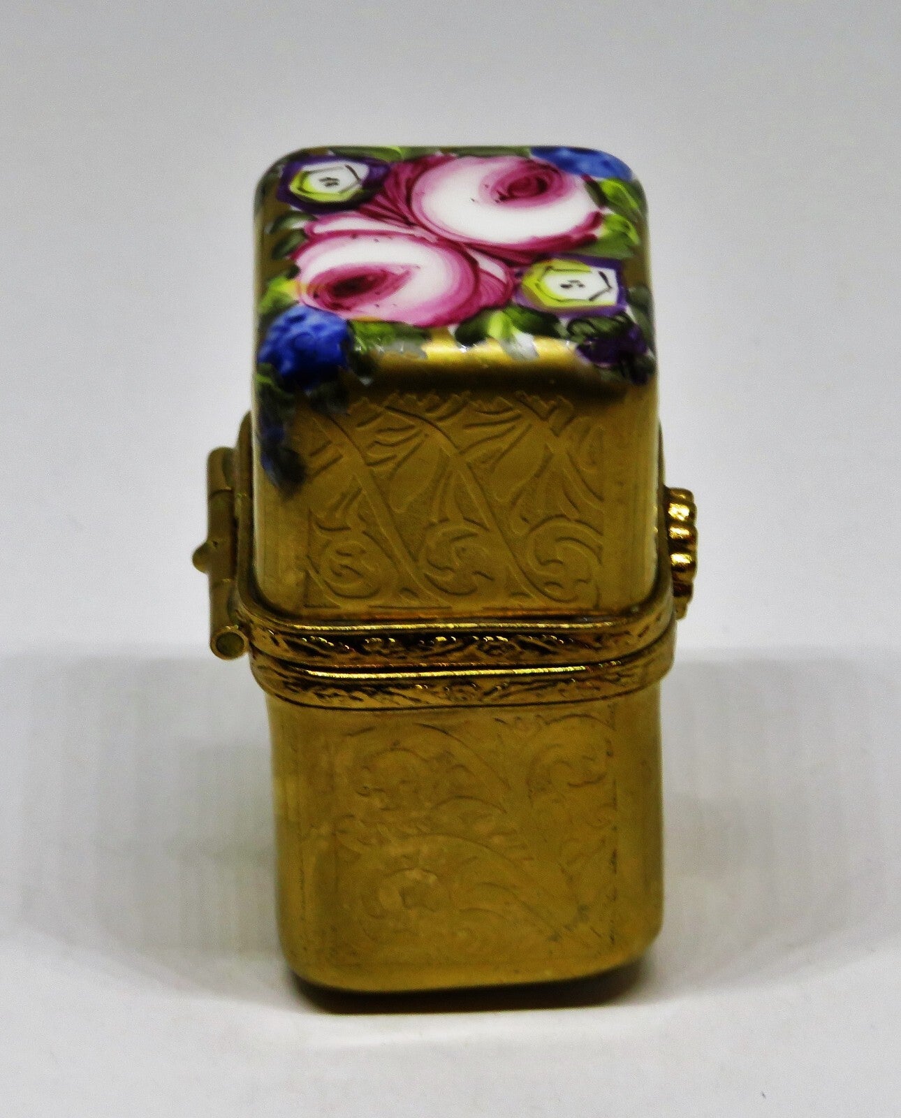 LIMOGES BOX - SMALL GOLD INCRUSTATION CHEST & PERFUME BOTTLE - FLOWERS - ROSES