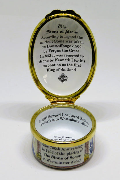 HALCYON DAYS ENGLISH ENAMEL BOX- THE STONE OF SCONE - BRITISH ROYALTY - SCOTLAND