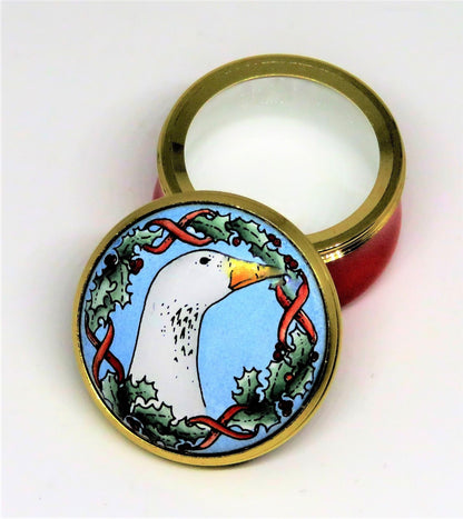 HALCYON DAYS ENAMEL BOX - CHRISTMAS GOOSE - WREATH OF HOLLY & RED RIBBONS