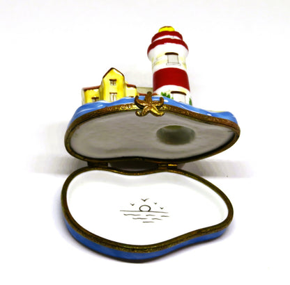 LIMOGES FRANCE BOX - LIGHTHOUSE & ISLAND - STARFISH CLASP - BIRDS & SUN INSIDE