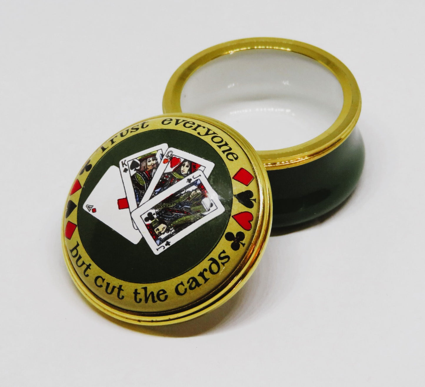 HALCYON DAYS ENGLISH ENAMEL BOX- "TRUST EVERYONE BUT CUT THE CARDS"