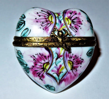 LIMOGES FRANCE BOX ~ FLORAL HEART ~ PINK FLOWERS & CUPID ~ ANNIVERSARY