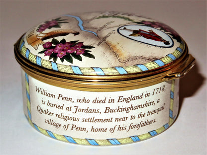 HALCYON DAYS ENAMEL BOX -STATE OF PENNSYLVANIA- INDEPENDENCE HALL - WILLIAM PENN