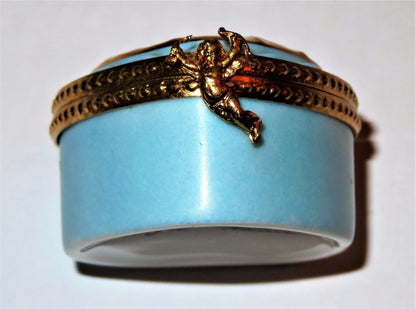 LIMOGES FRANCE BOX ~ BLUE RUFFLED HEART ~ CUPID & BOW & ARROW ~ ANNIVERSARY