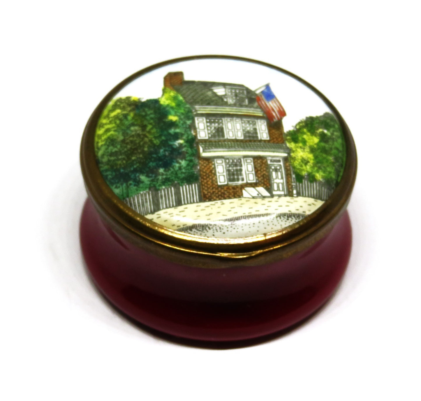 HALCYON DAYS ENGLISH ENAMEL BOX -BETSY ROSS HOUSE- PHILADELPHIA -U. S. FLAG- MIB
