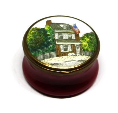 HALCYON DAYS ENGLISH ENAMEL BOX -BETSY ROSS HOUSE- PHILADELPHIA -U. S. FLAG- MIB