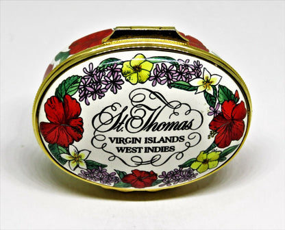 HALCYON DAYS ENAMEL BOX - "ST. THOMAS VIRGIN ISLANDS" - FLOWERS - HIBISCUS