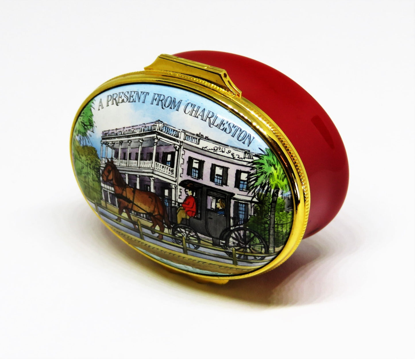 HALCYON DAYS ENAMEL BOX- "A PRESENT FROM CHARLESTON" SC - HORSE & CARRIAGE - MIB