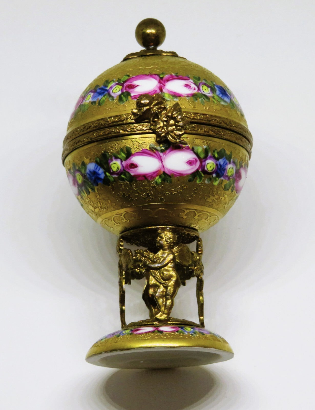 LIMOGES BOX - VINTAGE GOLD INCRUSTATION GLOBE & ANGEL STAND - FLOWERS - ROSES