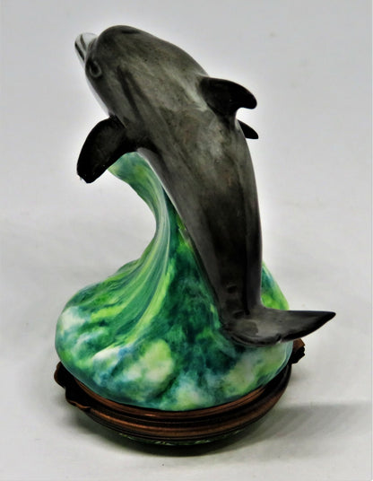 HALCYON DAYS ENGLISH ENAMEL BOX - DOLPHIN ON A WAVE BONBONNIERE - PORPOISE - MIB