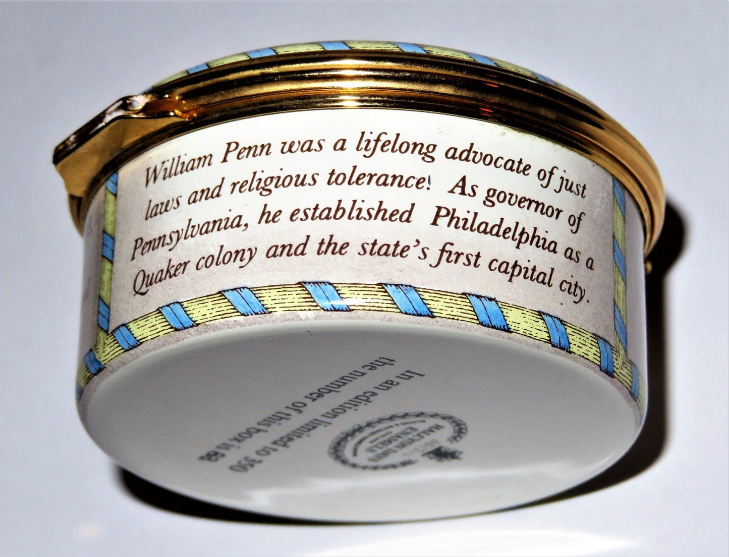 HALCYON DAYS ENAMEL BOX -STATE OF PENNSYLVANIA- INDEPENDENCE HALL - WILLIAM PENN