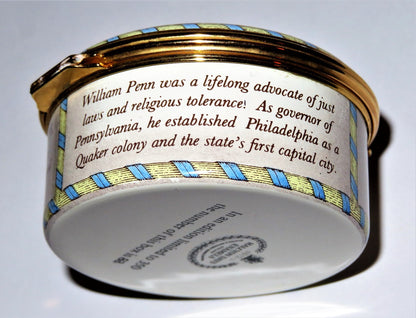 HALCYON DAYS ENAMEL BOX -STATE OF PENNSYLVANIA- INDEPENDENCE HALL - WILLIAM PENN