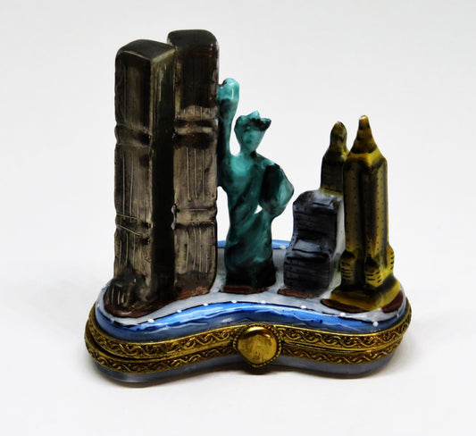 LIMOGES FRANCE BOX- NEW YORK SKYLINE - TWIN TOWERS - STATUE OF LIBERTY - US FLAG