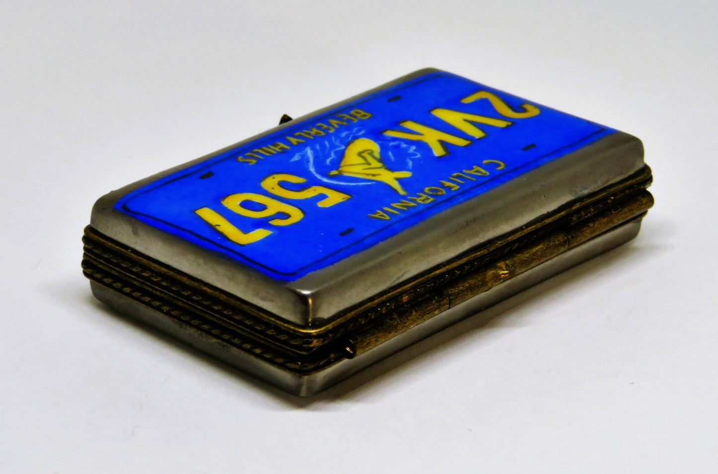 LIMOGES FRANCE BOX~ CALIFORNIA LICENSE PLATE ~ MAN ON A SURFBOARD ~ GOLDEN STATE