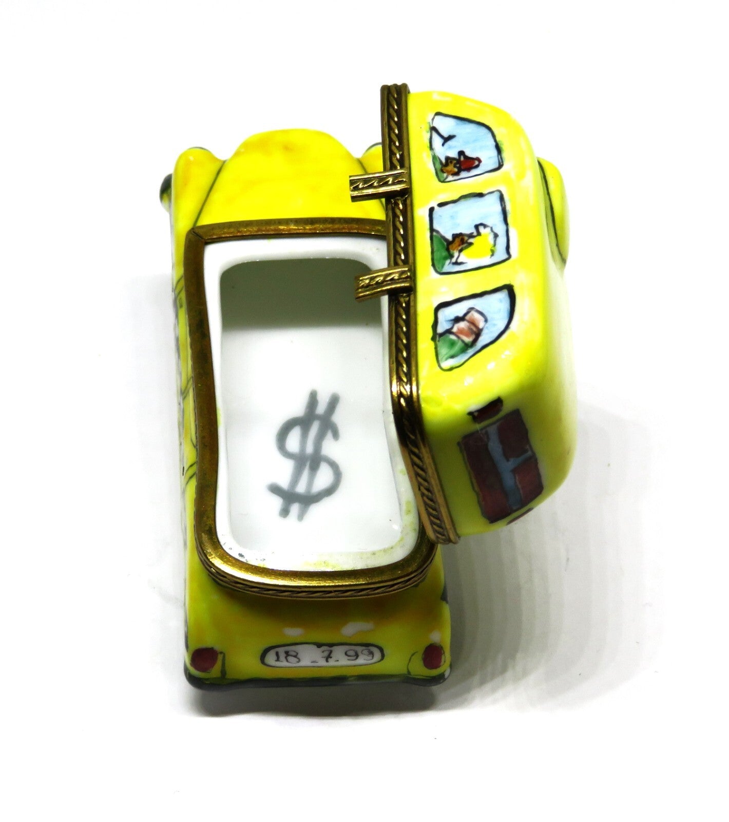 LIMOGES BOX ~ YELLOW CHECKERED TAXICAB & PASSENGERS ~ CAR ~ VEHICLE ~ PEINT MAIN