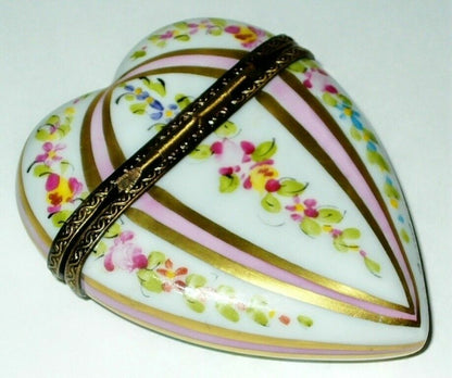 LIMOGES BOX ~ PINK & GOLD HEART ~ FLOWERS & STRIPES ~ ROSES ~ ANNIVERSARY