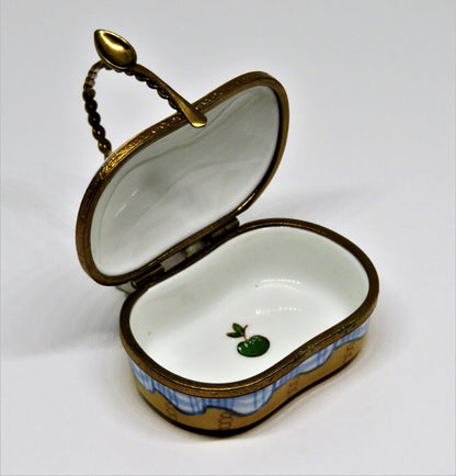 LIMOGES BOX - 'WICKER' PICNIC BASKET & SPOON CLASP - WINE, CHEESE & FRUIT