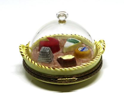 LIMOGES FRANCE BOX - PARRY-VIEILLE - DOMED GLASS CHEESE TRAY - MOUSE CLASP - COW