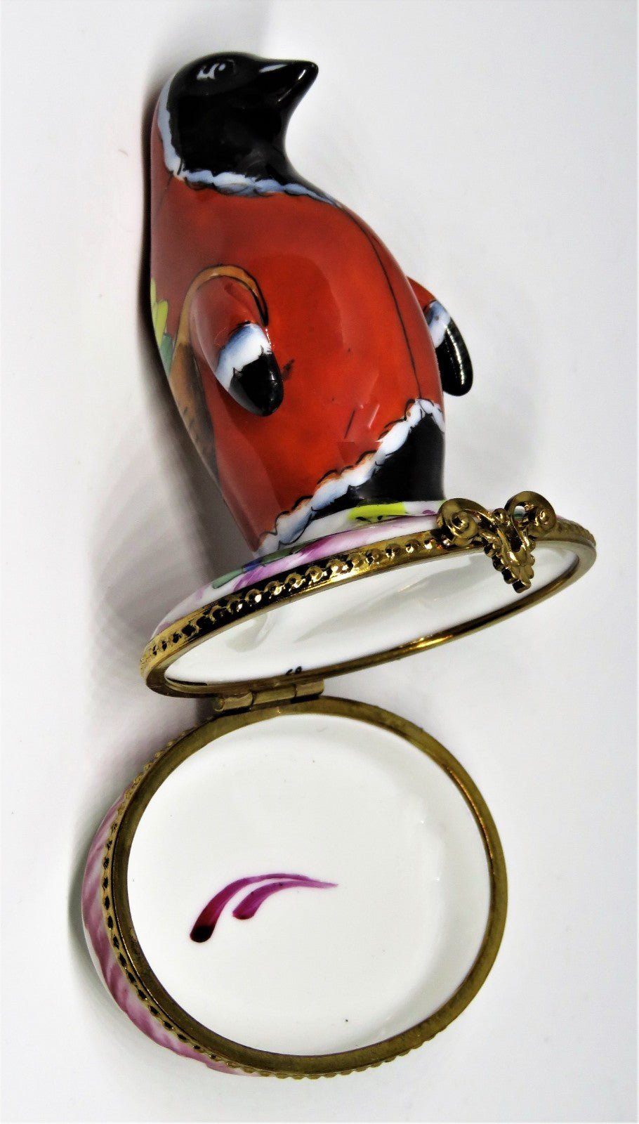 LIMOGES BOX- CHRISTMAS - WHIMSICAL PENGUIN IN A SANTA CLAUS SUIT - SACK OF GIFTS