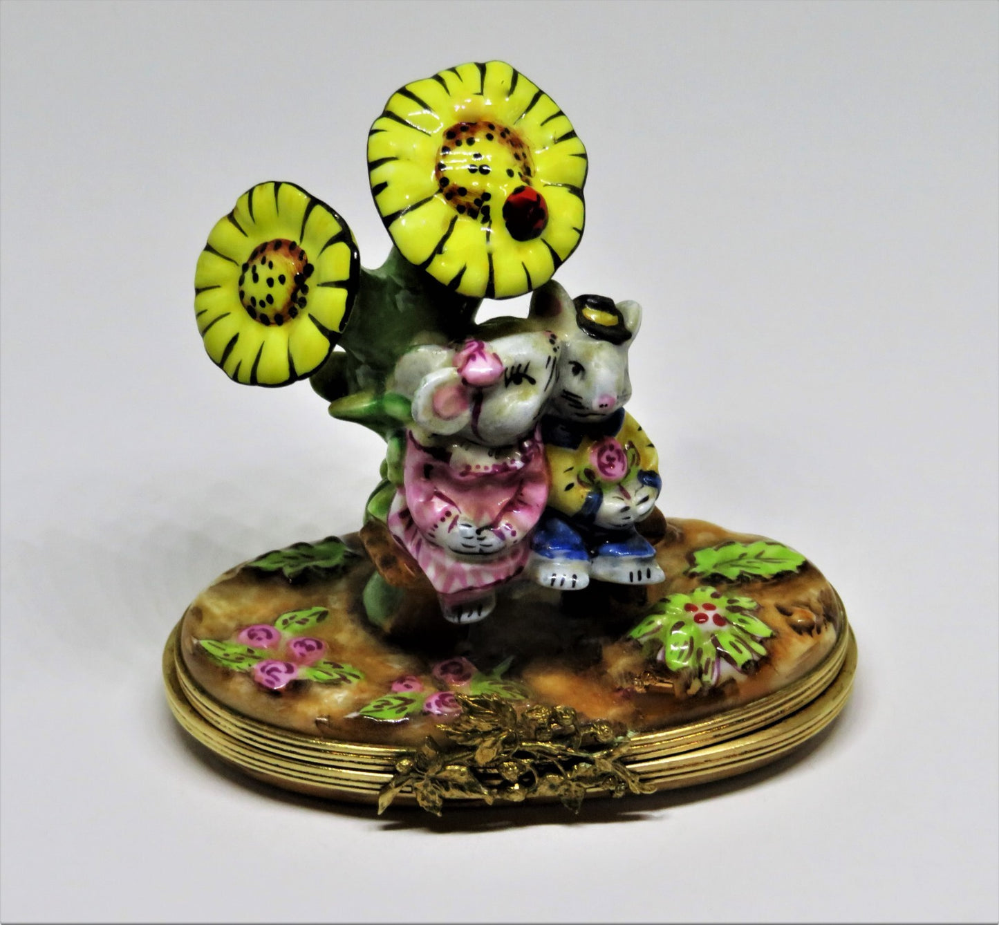 LIMOGES FRANCE BOX - MOUSE COUPLE & SUNFLOWERS - MICE IN LOVE - ANNVERSARY