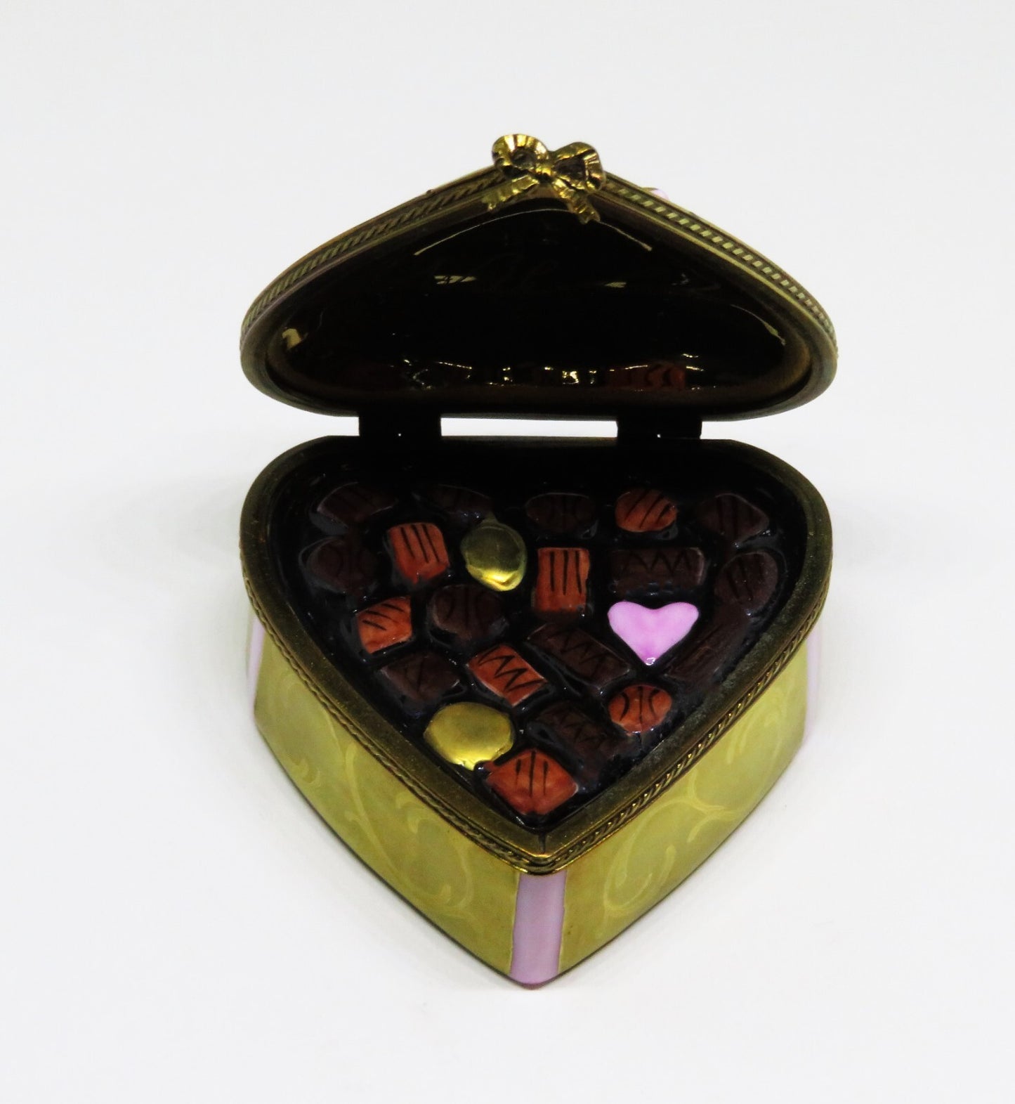 LIMOGES BOX ~ ROCHARD ~ GOLD HEART & CANDY & BOW ~ "WITH LOVE" ~ ANNIVERSARY