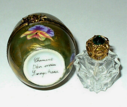 LIMOGES BOX - CHAMART - PANSY EASTER EGG & PERFUME BOTTLE - FLOWERS