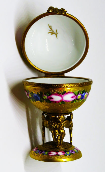 LIMOGES BOX - VINTAGE GOLD INCRUSTATION GLOBE & ANGEL STAND - FLOWERS - ROSES