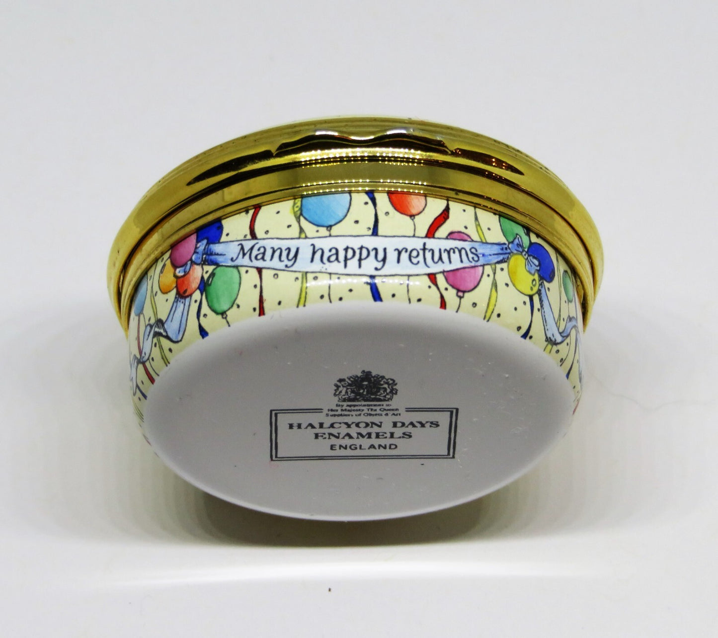 HALCYON DAYS ENAMEL BOX - STRAWBERRY "HAPPY BIRTHDAY" CAKE - CANDLES & BALLOONS